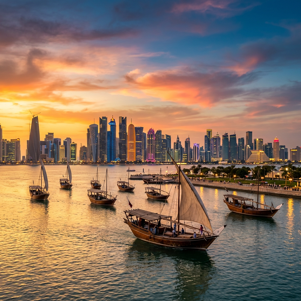 Traditional wooden dhows sailing on calm water with illuminated Doha city skyline at sunset