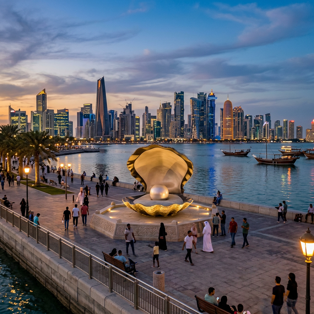 Waterfront promenade in Doha with giant open pearl sculpture and skyline at dusk