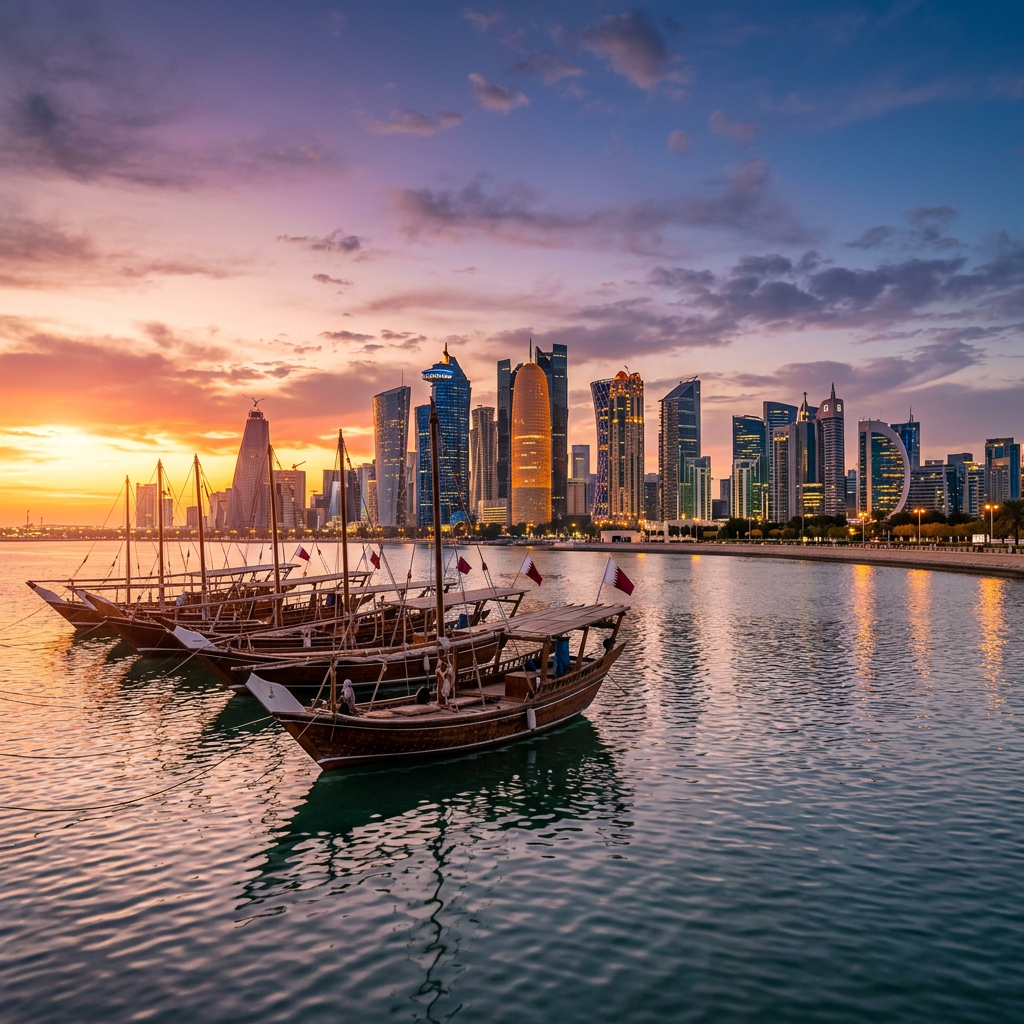 Wooden traditional dhows docked in calm water with modern skyscrapers of Doha in the background at sunset